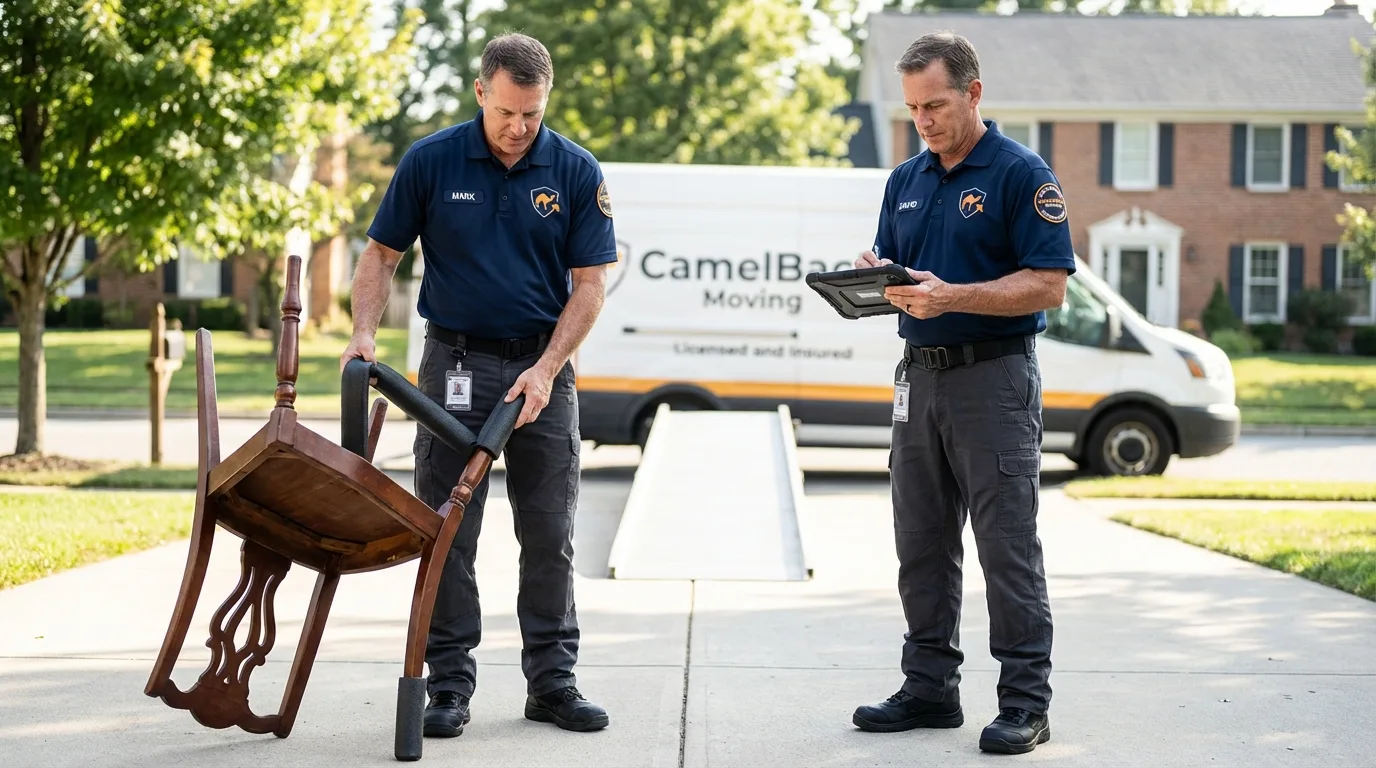 Movers inspecting furniture for damage prevention before loading in Burton, OH