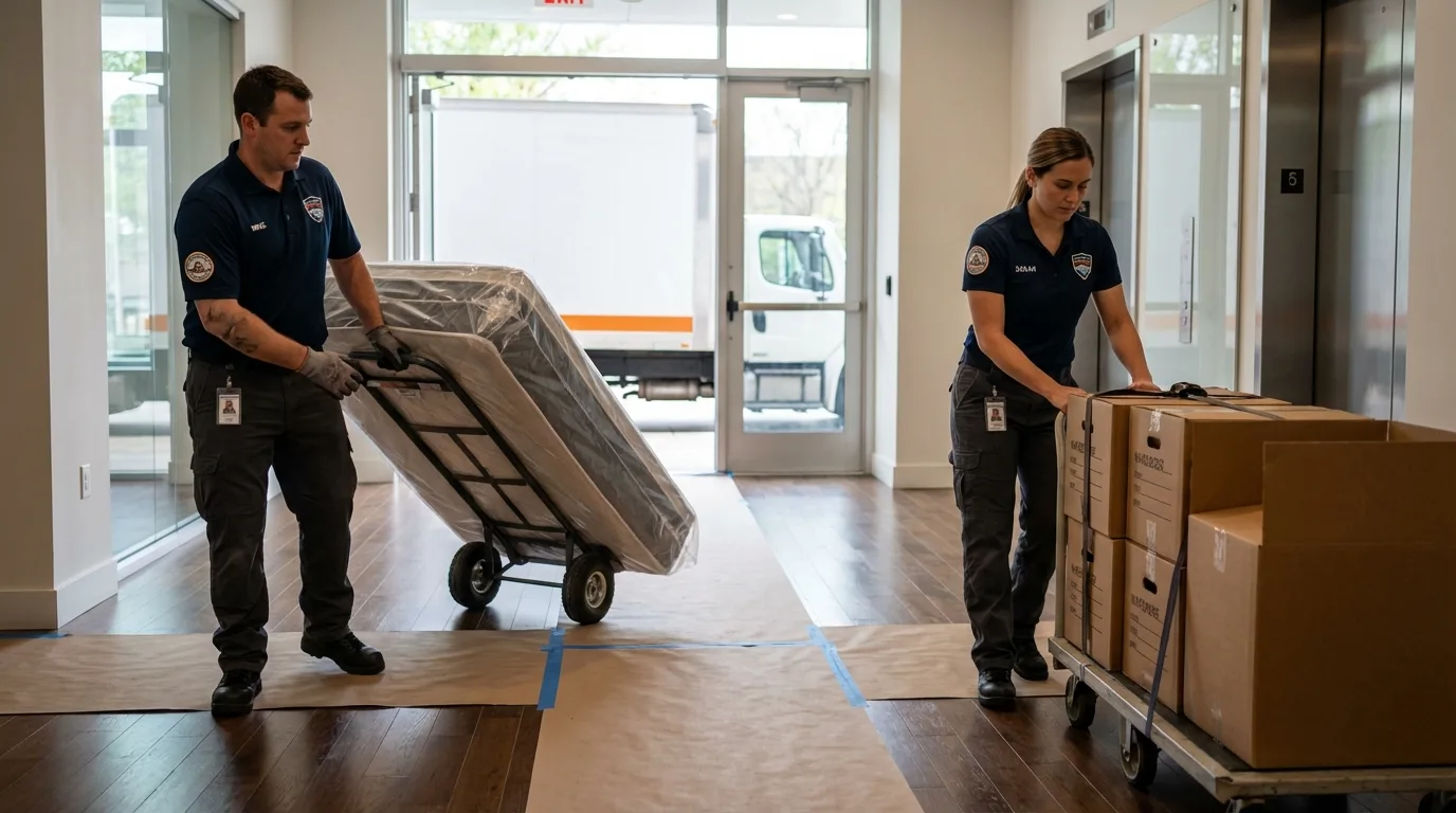 Professional apartment movers loading elevator in Burton, OH